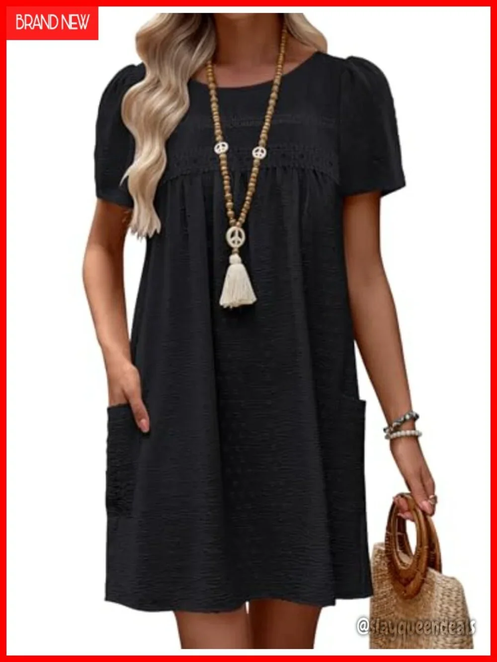 Swiss Dot Lace Trim Beach Coverup Dress Crew Neck Short Sleeve Mini